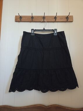 Vintage Roots | Black 100% Cotton Eyelet Tiered Midi Skirt - Size 10